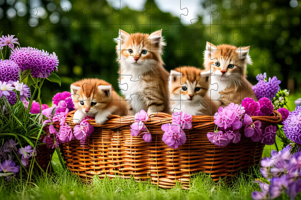 Picture of jigsaw with cats in a basket with flowers