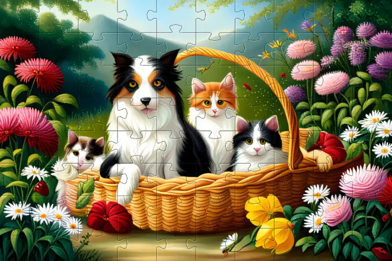 Picture of jigsaw with cats and a dog in a basket with flowers