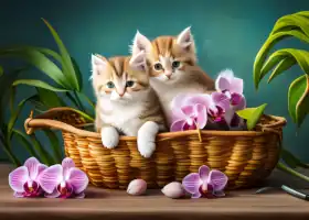 Jigsaw puzzle - Two Cute kittens in a basket with flowers Jigsaw Puzzle