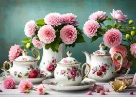Picture of vintage tea set with cups and surrounding flowers - links to Jigsaw puzzle game 9