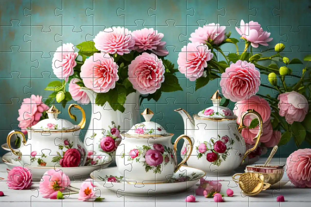 Picture of jigsaw of vintage tea set with flowers