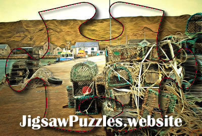 Online jigsaw puzzle - Harbour with Lobster / Crab Fishing Creels Jigsaw